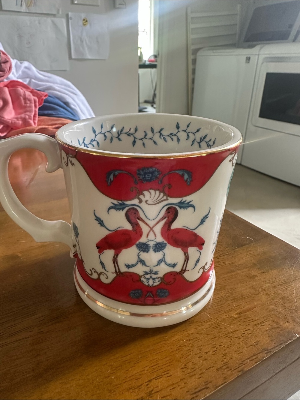 Anthropologie Red and Blue Flamingo Porcelain Mug with Gold Trim